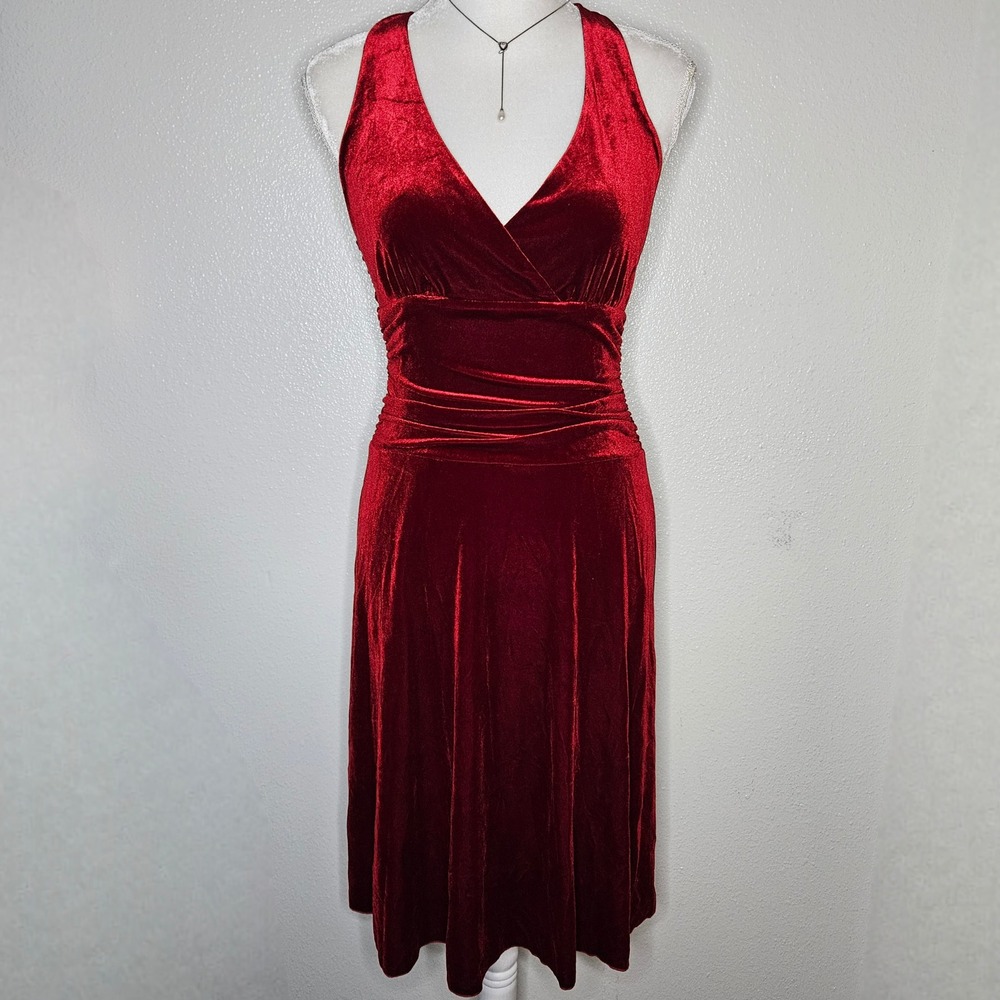 AB Studio Red Velvet Ruched Waist Cocktail Halter Dress